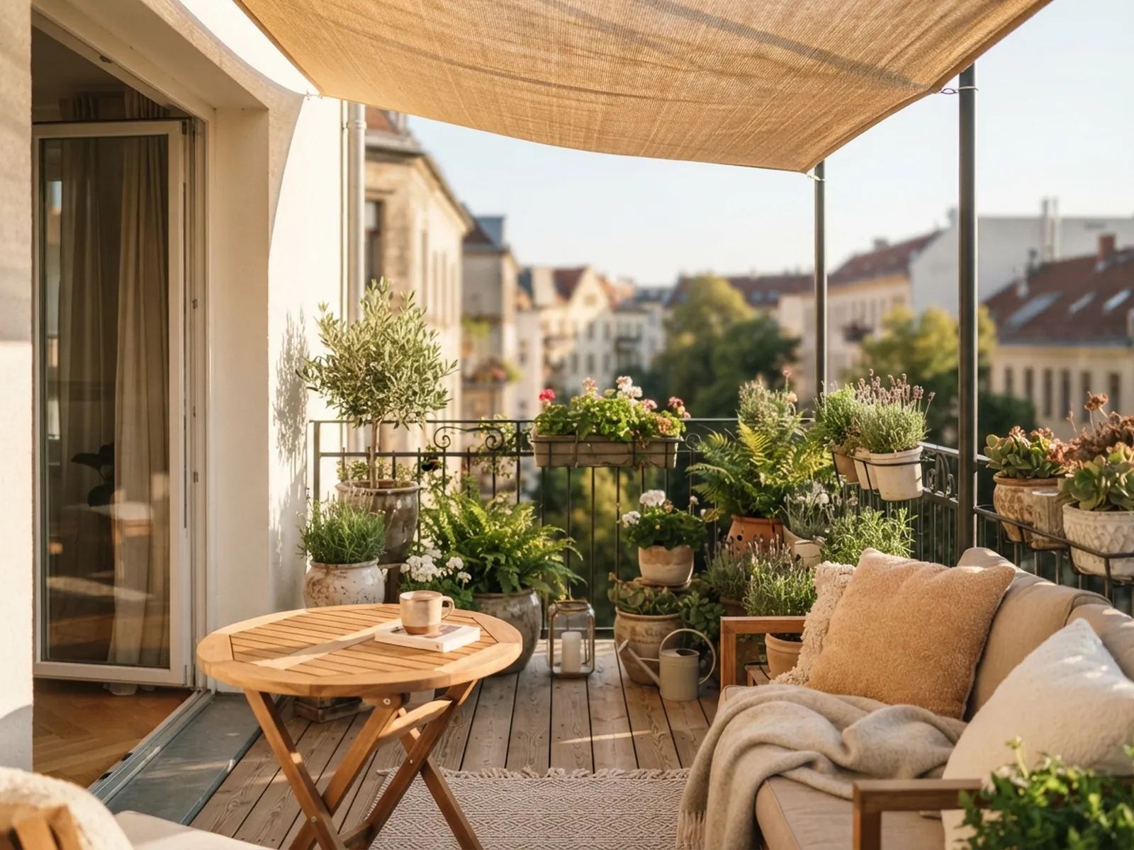 Katlanır masa, dış mekan minderi ve saksılarla düzenlenmiş açık balkon