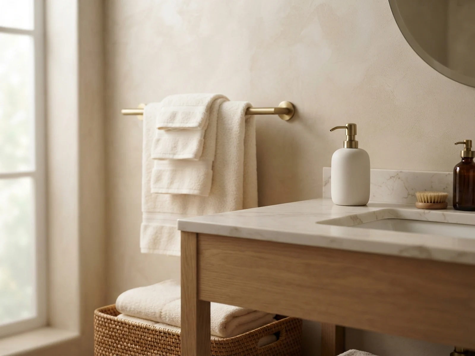 Tek metal finişte havluluk, seramik sabunluk ve katlanmış havlularla banyo tezgâhı