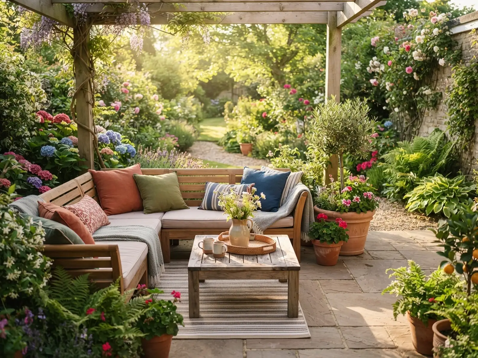 Pergola altında ahşap L köşe oturma grubu, renkli kırlentler ve çevresini saran çiçekli saksılar
