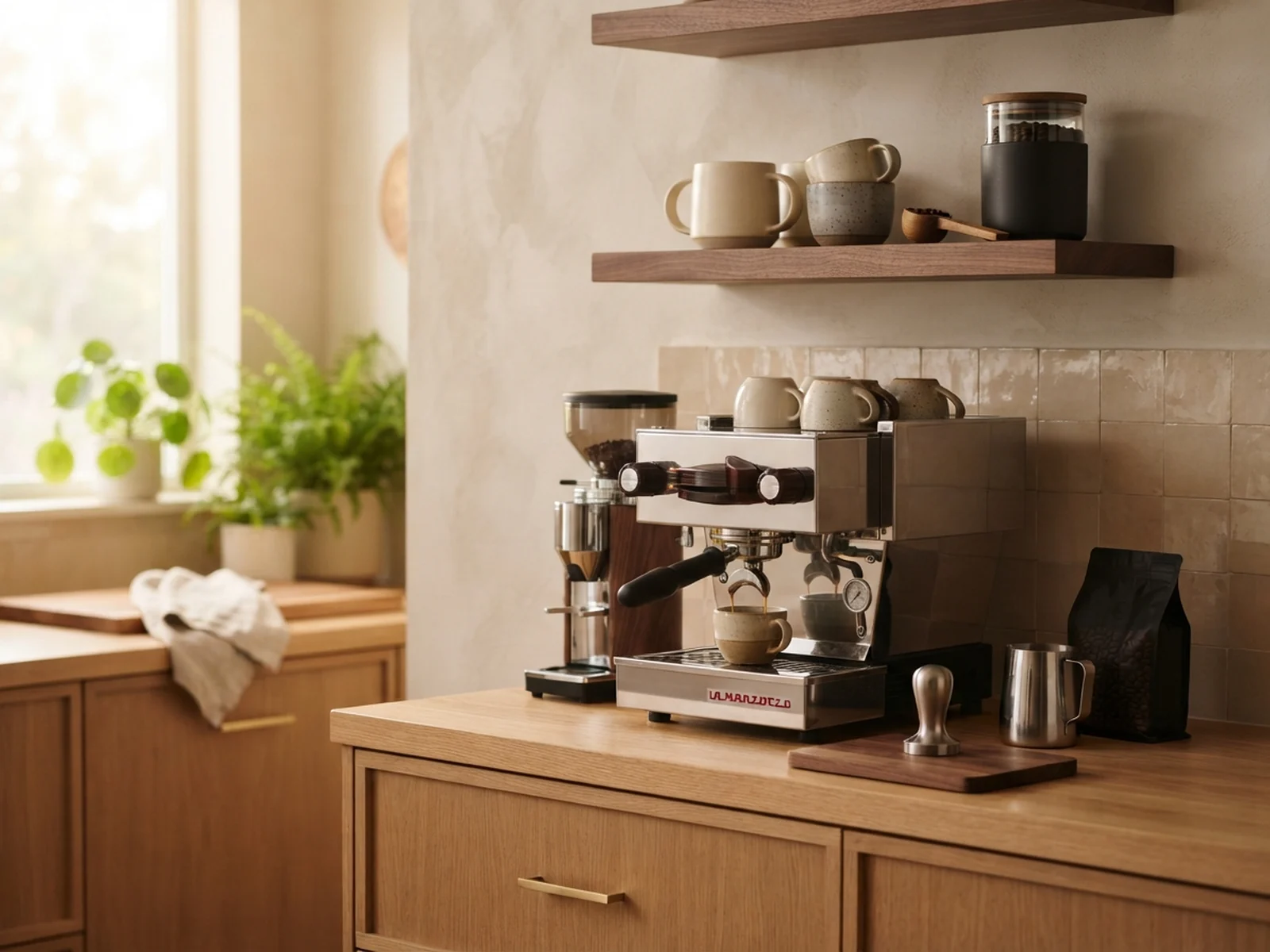 Mutfak tezgâhının ucunda espresso makinesi, raf üstünde kupalar ve opak kahve kabı