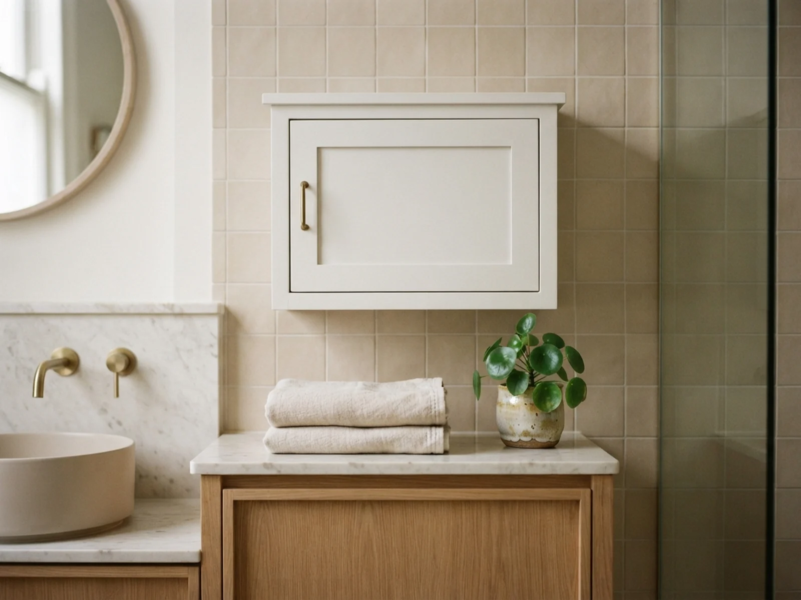 Fayanslı duvara monte edilmiş sığ beyaz dolap, katlanmış havlu ve küçük bitki