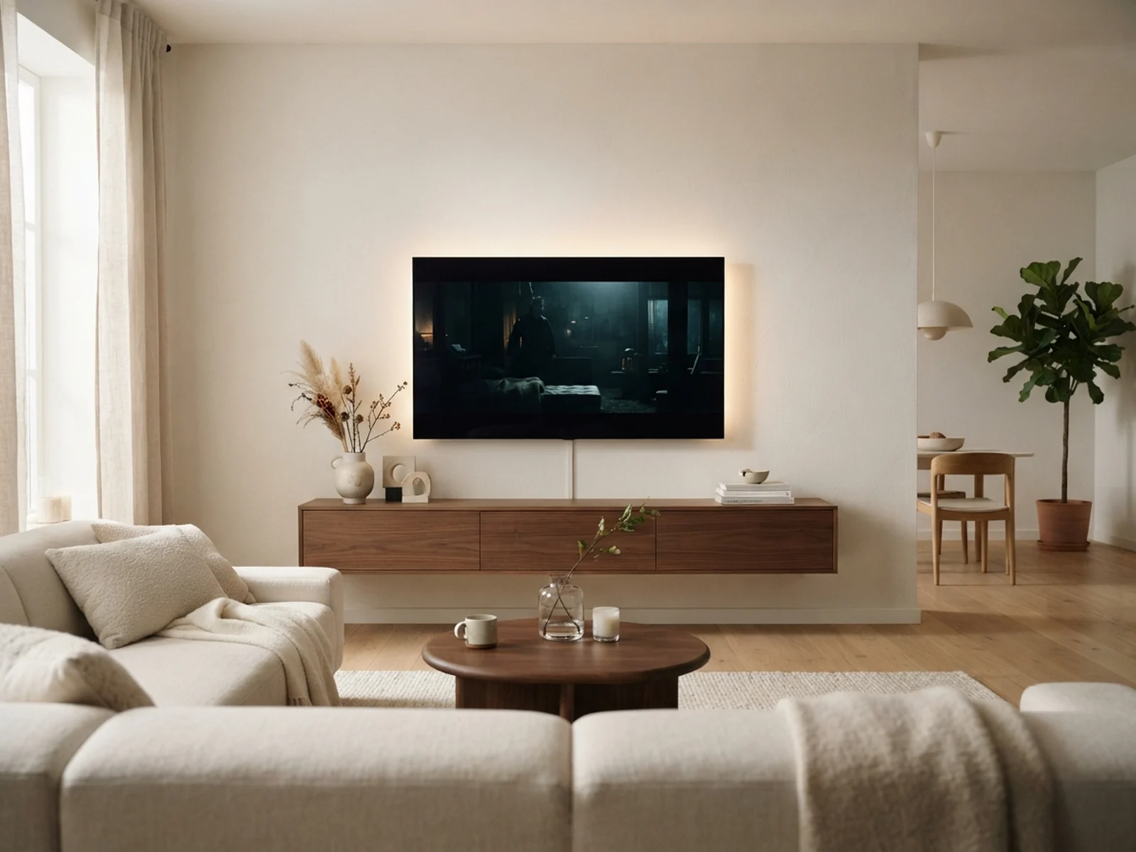 Duvara asılı TV ünitesi ve sade ekran çevresi olan modern salon