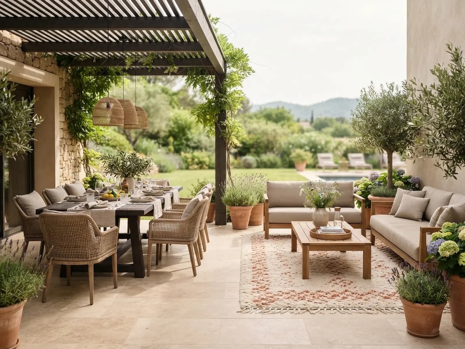 Pergola altı yemek alanı ve halıyla tanımlanmış dinlenme köşesiyle zonlanmış teras